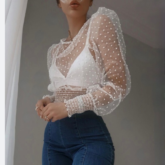 Princess Polly Tops - EUC [Princess Polly] Ivory Long Sleeve + Sheer Blouse | Cream Polka Dot Top | 8